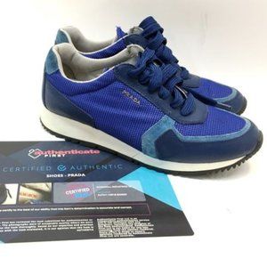 Prada Milano Women's Reflective Blue Logo Trainers Blue Mesh Shoes Sneakers